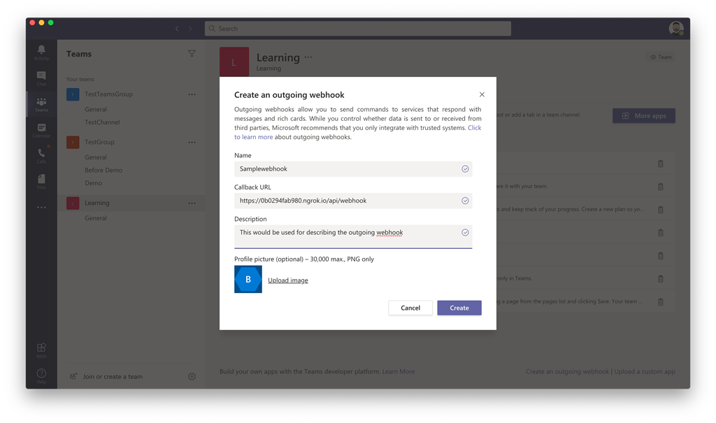 Outgoing Web Hook In Teams Using Yeoman Teams Generator